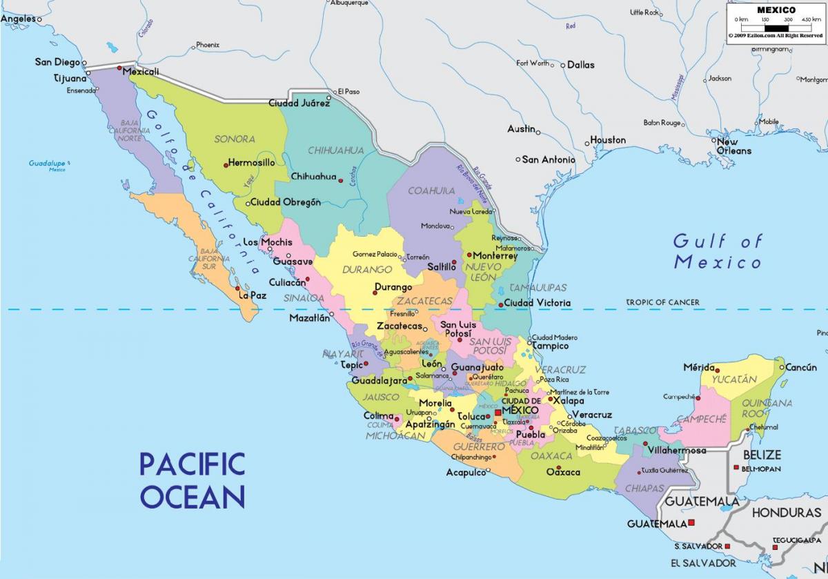 carte du Mexique avec les états et les villes