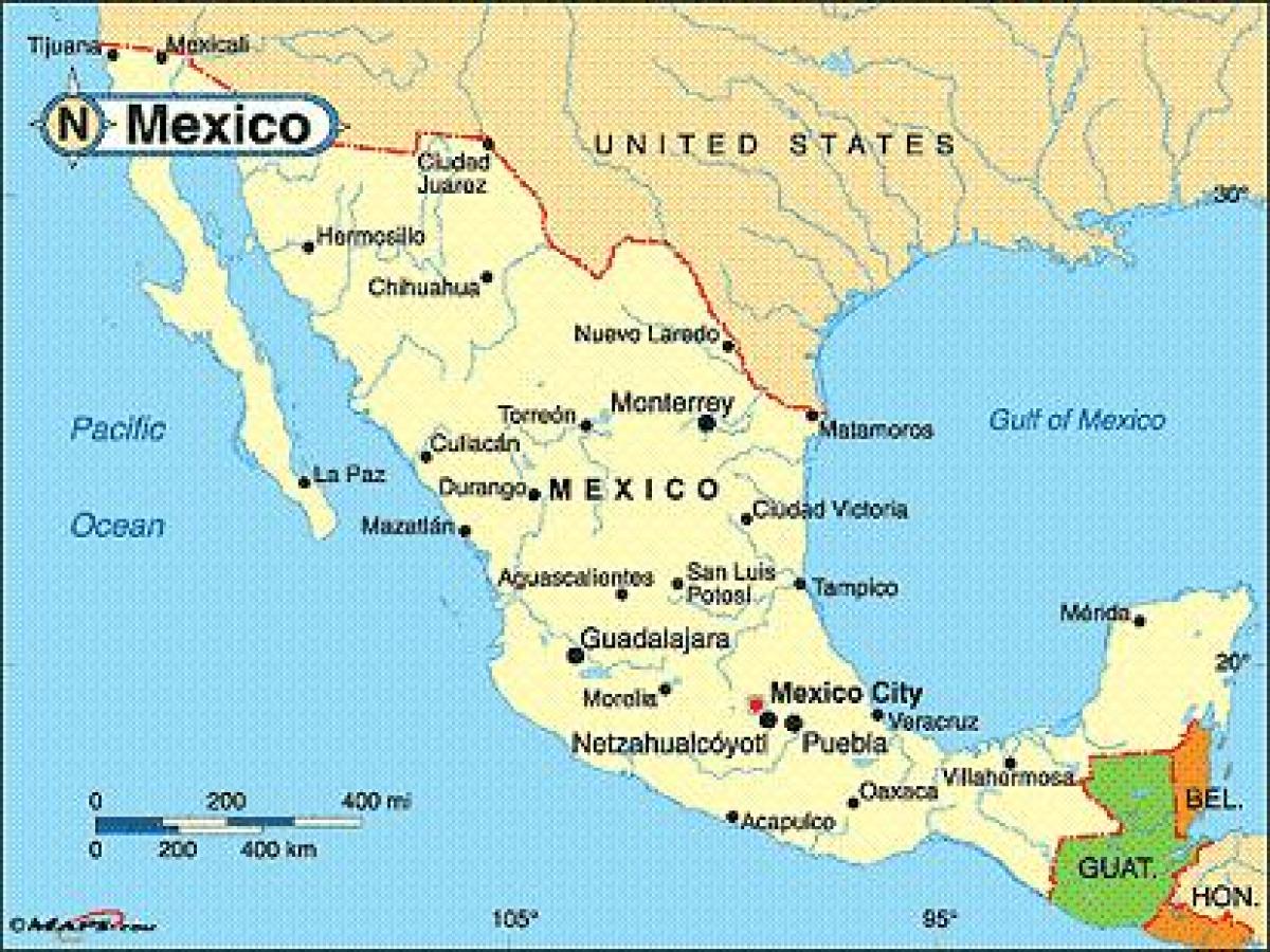 Le mexique villes côtières de la carte