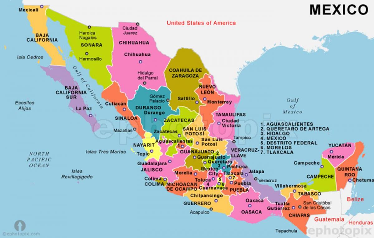 Le mexique carte avec les états et capitales