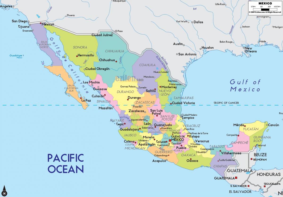 carte du Mexique avec les villes et les états