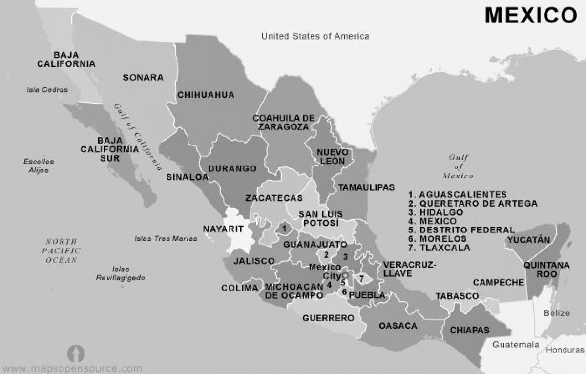 carte du Mexique en noir et blanc