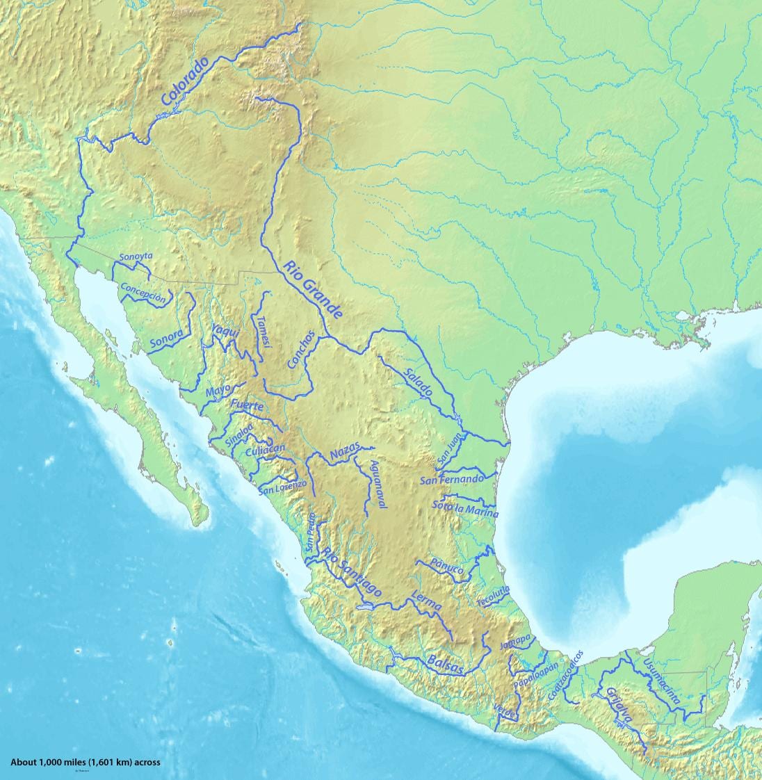 la carte des fleuves, au Mexique