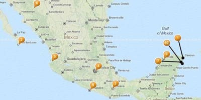 Carte des spots de vacances au Mexique